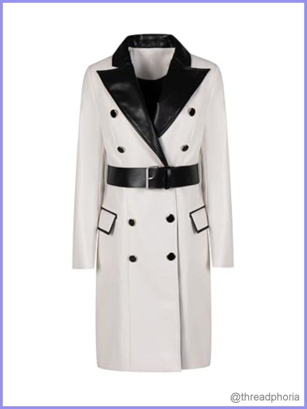 Double-Breasted Belted Coat with Faux Leather Trim